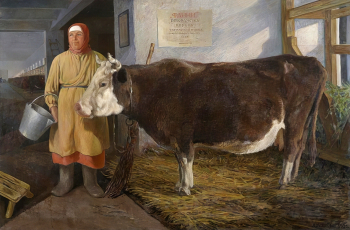 Уханова Анастасия Васильевна. Колхозница с коровой рекордисткой. Холст, масло. 100,5х150,5. 1935. Екатеринбургский музей изобразительных искусств.