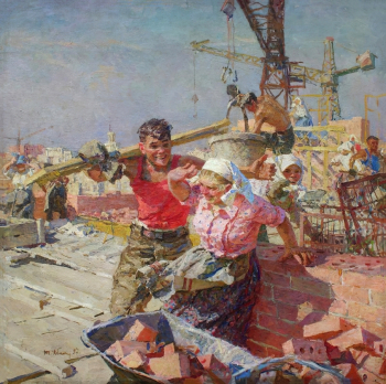 Яблонская Татьяна Ниловна. На стройке. Холст, масло. 131х131. 1957. Симферопольский художественный музей.