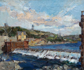 Жилин Николай Лукьянович. Плотина на реке Воркута. Холст, масло. 36х43. 1944. Национальная галерея Республики Коми.
