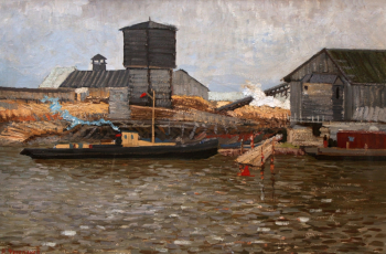 Черепанов Ростислав Фёдорович. Пристань. Картон, масло. 74х106. 1964. Тарский художественный музей.