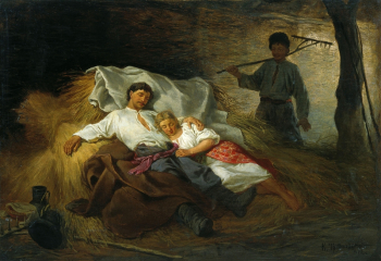 Трутовский Константин Александрович. На сеновале. Холст, масло. 50х72. 1872. Тюменский областной музей изобразительных искусств.