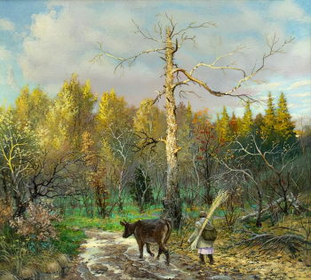 Арзаматов Вячеслав Михайлович. Дорога в лесу. Картон, масло. 45х49. 1980-е. Удмуртский республиканский музей изобразительных искусств.