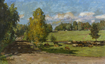 Петровичев Пётр Иванович. Отдых на лугу. Доска, масло. 45х70. 1915. Нижегородский государственный художественный музей.