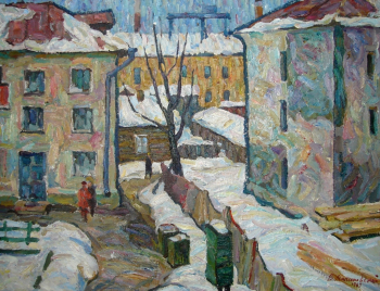Малиновский Виктор Петрович. Городской двор. Картон, масло. 65х84. 1969. Центр туризма `Русские крылья`.