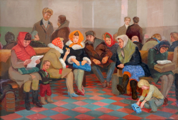 Бородкин Михаил Иванович. На вокзале. Холст, масло. 85,5х125. 1969. Городской музей `Искусство Омска`.