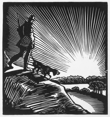 Воинов Всеволод Владимирович. Охотник с собакой. Бумага, ксилография. 1923. Вологодская областная картинная галерея.