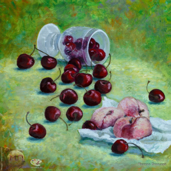 Порозина Марина Валерьевна. Тёмная черешня и инжирные персики. Холст, масло. 30х30. 2021. Собрание художницы.