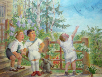 Бебутова Елена Михайловна. Дети и самолеты. Холст, масло. 98,8х127. 1950-е. Художественно-мемориальный музей К.С.Петрова-Водкина.