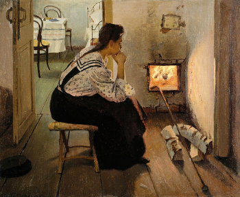 Калиниченко Яков Яковлевич. Думы у печки. Холст, масло. 36х44. 1897. Рязанский государственный областной художественный музей имени И.П.Пожалостина.