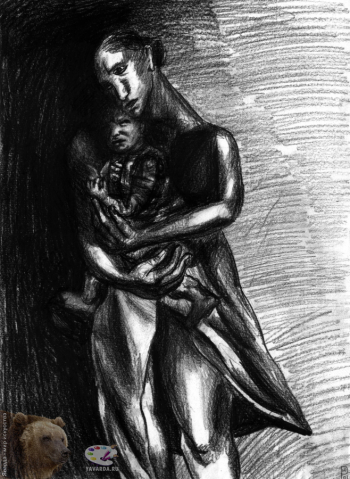 Резникова Юлия Георгиевна. Мать и дитя с мёртвой бабочкой. Бумага, карандаш. 30х41. 2001.