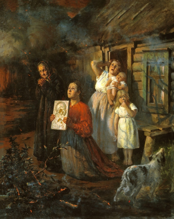 Бухгольц Фёдор Фёдорович. Пожар в деревне. Холст, масло. 130х104. 1901. Переславль-Залесский государственный историко-архитектурный и художественный музей-заповедник.
