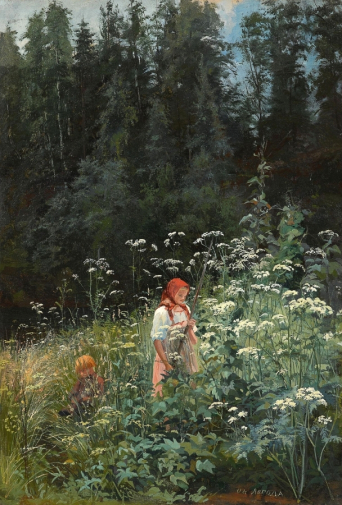 Лагода-Шишкина Ольга Антоновна. Девочка в траве. Холст, масло. 57,5х39,8. 1880. Государственная Третьяковская галерея.