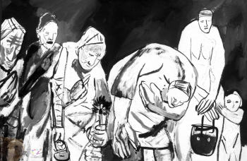 Резникова Юлия Георгиевна. Молящиеся женщины в храме. Бумага, тушь, белила. 23х37. 2001.