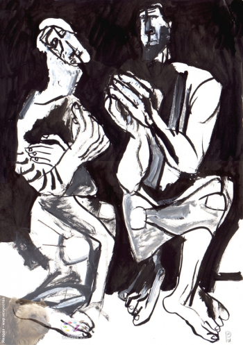 Резникова Юлия Георгиевна. Молящиеся монахи. Бумага, тушь, белила. 28х40. 1998.