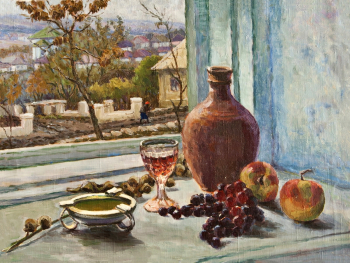 Тверитинов Михаил Емельянович. Пейзаж с натюрмортом. Холст, масло. 44х51. 20 век. Государственный художественный музей Алтайского края.