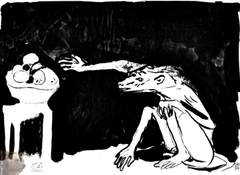 Резникова Юлия Георгиевна. Обезьяна с фруктами. Бумага, тушь, белила. 21х30. 1997.