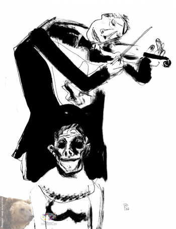 Резникова Юлия Георгиевна. Скрипач и старуха. Бумага, тушь, белила. 29х41. 1997.