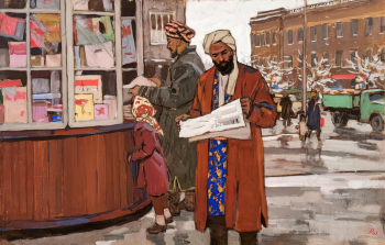 Рейнер Георгий Петрович. На улице Сталинабада. Картон, темпера. 69,6х108,8. 1961. Ростовский областной музей изобразительных искусств.