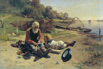 Богданов Николай Григорьевич. Рыбак с мальчиком. Холст, масло. 50х74. 1889. Нижегородский государственный художественный музей.