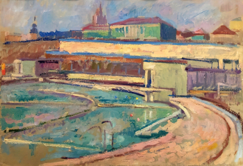 Глускин Александр Михайлович. Бассейн `Москва`. Оргалит, масло. 50х70. 1960. Частная коллекция.