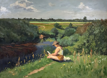 Новиков Георгий Александрович. Пейзаж с женской фигурой. Бумага, масло. 44х59,7. 20 век. Центральный выставочный зал `Манеж` (Санкт-Петербург).