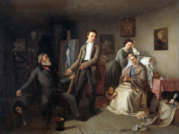 Пржецлавский (Пржцеславский) Константин Леонардович (Леонидович). Семейство бедного художника и покупатель картин. Холст, масло. 61х82. 1857. Государственный Русский музей.