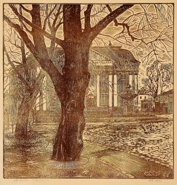 Александр Ахола-Вало. Пейзаж. Бумага, линогравюра. 34х31. 1946. Самарский областной художественный музей.