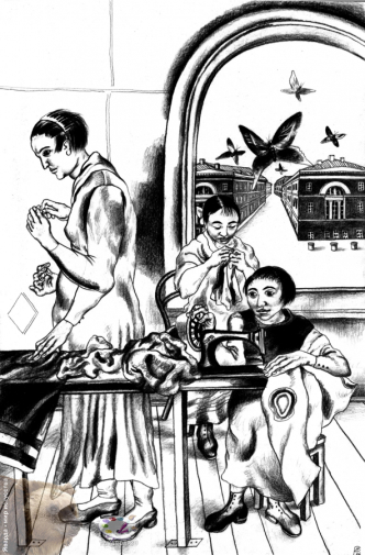 Резникова Юлия Георгиевна. Урок шитья. Бумага, карандаш. 30х46. 2000.