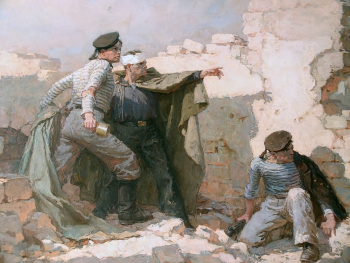 Непринцев Юрий Михайлович. Последняя граната. Холст, масло. 123,3х190. 1948. Центральный военно-морской музей имени императора Петра Великого.