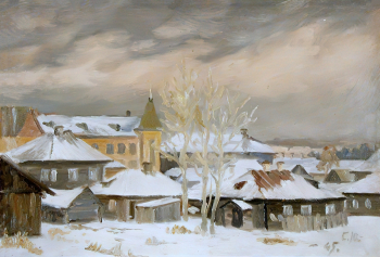 Юнтунен Суло Хейккиевич. Зимний Петрозаводск. Этюд. Картон, масло. 33,8х50. 1945. Музей изобразительных искусств Республики Карелия.