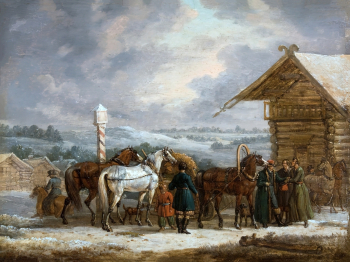 Жак Франсуа Свебах. Почтовая станция в Российской империи. Доска, масло. 20,2х26,8. 1813-1820. Вятский художественный музей имени В.М. и А.М. Васнецовых.