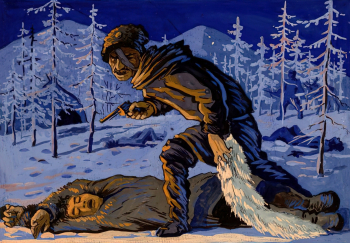Брюханов Дмитрий Афанасьевич. Ограбление охотника. Бумага, гуашь. 25,3х35,2. 20 век. Магаданский областной краеведческий музей.