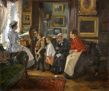 Маковский Владимир Егорович. Слушают граммофон. Холст, масло. 53х64. 1910. Краснодарский краевой художественный музей имени Ф.А.Коваленко.