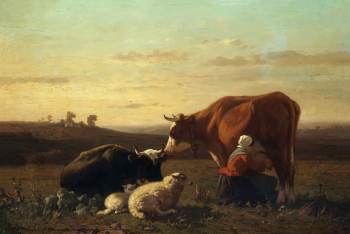 Луи Роббе. Вечерняя дойка. Доска, масло. 30,3х44,8. 19 век. Государственный музей изобразительных искусств имени А.С.Пушкина.