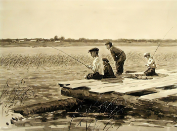 Козлов Александр Фёдорович. Юные рыболовы. Бумага, акварель. 35х53. 1954. Музей изобразительных искусств Республики Карелия.