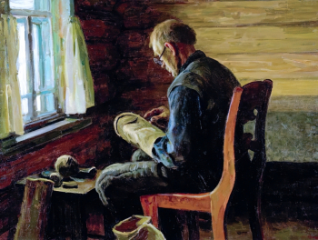 Кугач Юрий Петрович. Подшивает валенки. Холст, масло. 90х120. Воронежский областной художественный музей имени И.Н.Крамского.