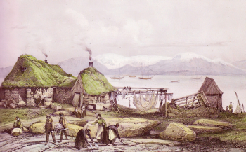 Огюст Майер. Рейкьявик. Хижины рыбаков. Бумага, цветная гравюра. 1836. Морской музей Рейкьявика.