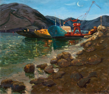 Серебряков Григорий Андреевич. Абаканский порт. Холст, масло. 88х101. 1978. Абаканская картинная галерея имени Ф.Е.Пронских.