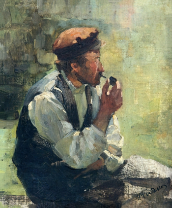 Рыбаков Иван Георгиевич. Минута отдыха. Садовник. Холст на картоне, масло. 28,5х23,4. 1910. Тульский музей изобразительных искусств.