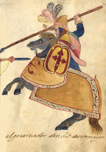 Диего де Оканья. Алонсо Сотомайор, испанский конкистадор. Иллюстрация. 1605. `Рассказ о путешествии монаха Диего де Оканья по Новому Свету`.