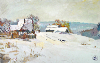 Дурасов Лев Петрович. Зима на Угре. Картон, масло. 50х79. 1991. Авторское собрание.
