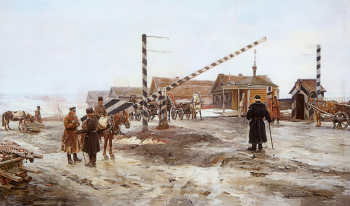Касаткин Николай Алексеевич. У шлагбаума. Холст, масло. 51х87. 1890. Пермская государственная художественная галерея.
