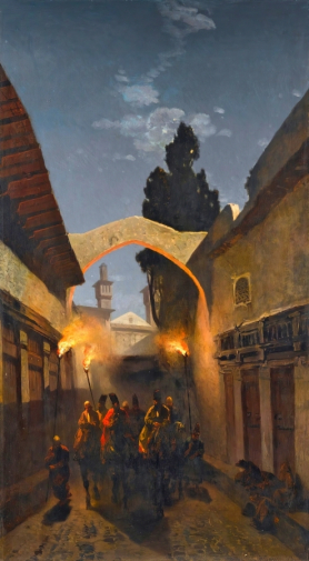 Альберто Пазини. Ночная кавалькада, Тегеран. Доска, масло. 156х87. 1859. Частная коллекция.