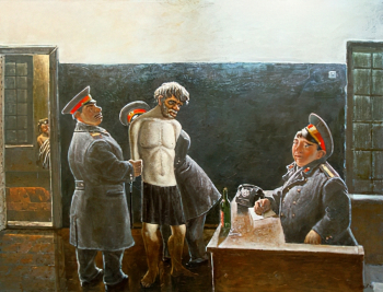Колотев Василий Иванович. Арест пропагандиста. Медвытрезвитель. Холст, масло. 74х96. 1979. Частная коллекция.