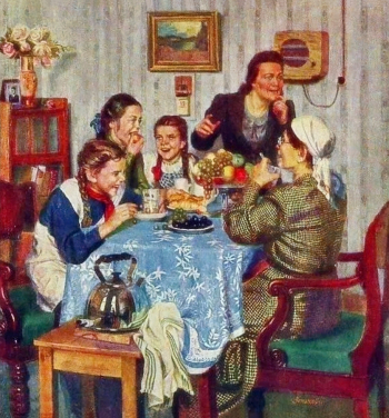 Зенькова Раиса Дмитриевна. Картина `Весёлая передача`. Холст, масло. 1952. Частное собрание.