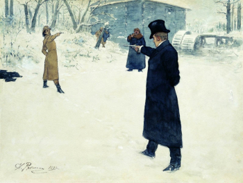 Репин Илья Ефимович. Дуэль Онегина и Ленского. Бумага, акварель. 1899. Всероссийский музей А.С.Пушкина (Санкт-Петербург).