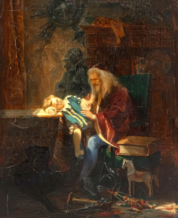 Якоби Валерий Иванович. Дедушкины сказки (Отдых). Картон, масло. 19,5х15,2. 1867. Ярославский художественный музей.