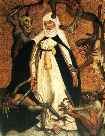 Неизвестный художник. Святая Екатерина Сиенская, осаждённая демонами. Доска, темпера, позолота. 1500. Национальный музей (Варшава).