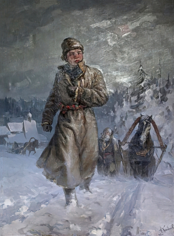 Кисляков Николай Иванович. Юный Ломоносов на пути в Москву. Холст, масло. 147х110. 1948. Музей антропологии и этнографии имени Петра Великого (Кунсткамера) Российской академии наук.