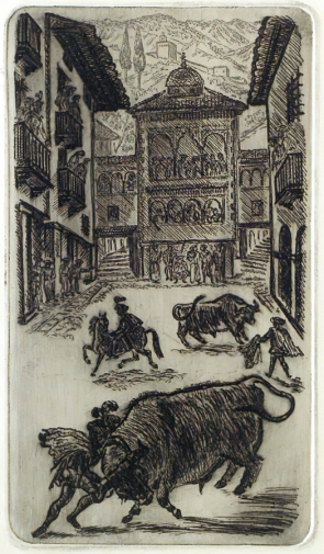 Хигер Ефим Яковлевич. Бой быков. Бумага, офорт. 13,2х7,5. 1930-е. Вологодская областная картинная галерея.